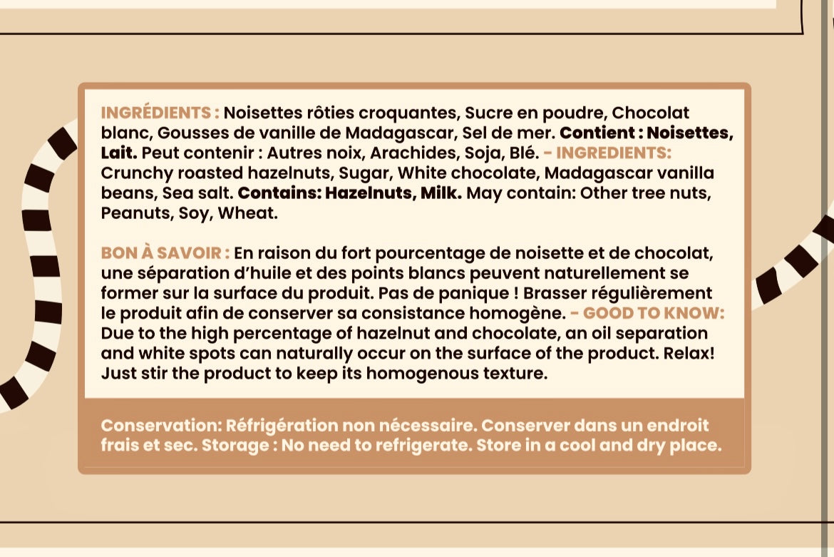 Noisettes croquantes, chocolat blanc, et vanille de Madagascar