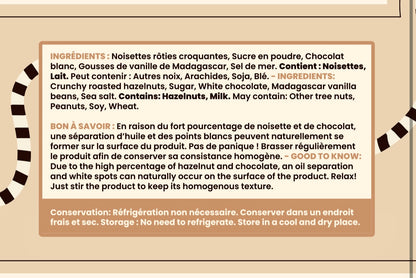 Noisettes croquantes, chocolat blanc, et vanille de Madagascar